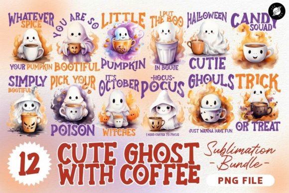 Download Cute Ghost with Coffee Halloween Designs - Premium Bundle